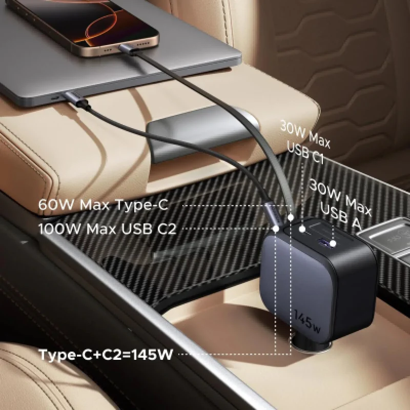 Cargador de Auto UGREEN 145W 4 Puertos USB-C | Cable Retractil