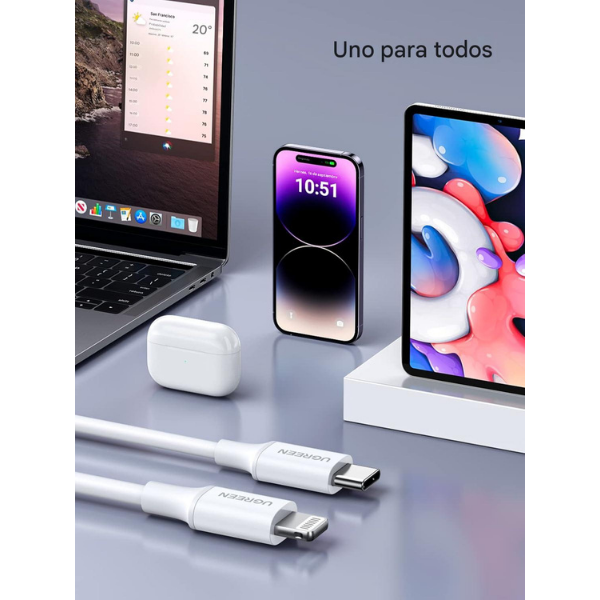 UGREEN 10493 Cable USB-C a Lightning 1m 60W Blanco