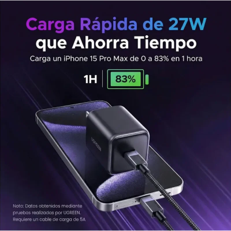 ⚡ Cargador Rápido UGREEN 45W GaN USB-C + Cable USB-C 60W 1m