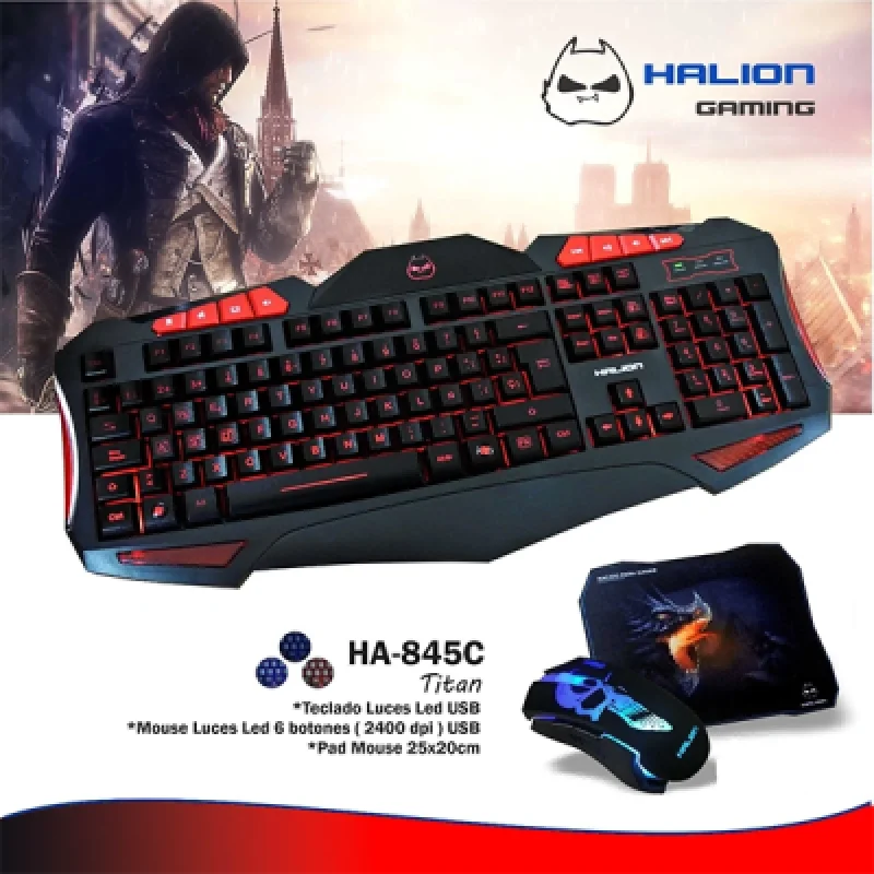 Combo Gamer Halion 3 en 1 HA 845C TITAN | Teclado Mecánico Mouse Gamer y Mousepad