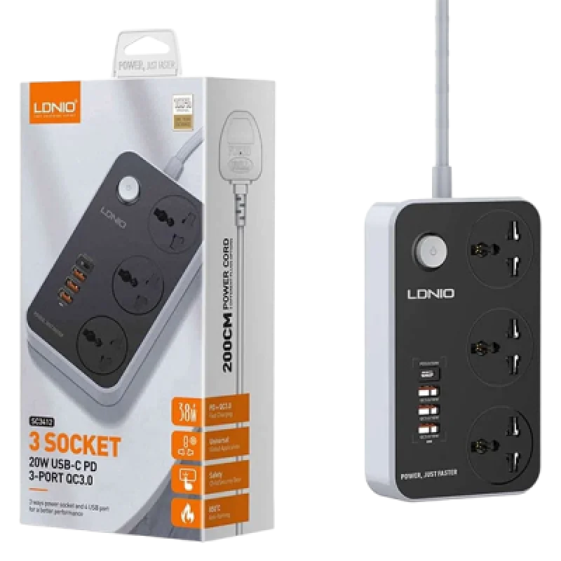 Supresor de Picos LDNIO SC3412 con 3 Tomacorrientes y 4 puertos usb | Protección y Carga Rápida