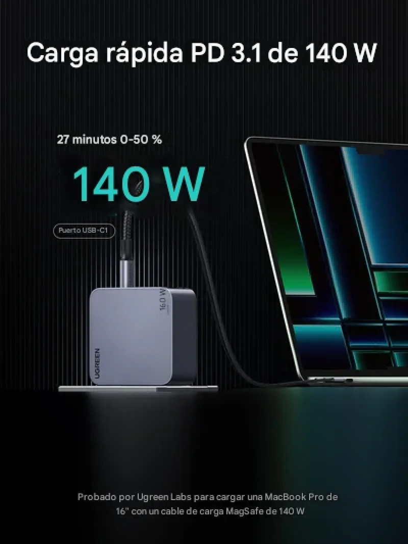 Cargador Ugreen 25876 Usb c/usb a 160w Gan Negro