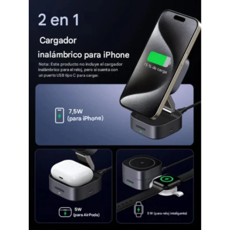 UGREEN W702 35316 – Cargador Inalámbrico Magnético 2 en 1 15W