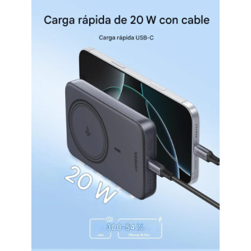 Power Bank UGREEN Magnetic Qi2 10 000 mAh – 15 W inalámbrico + 20 W cable USB C