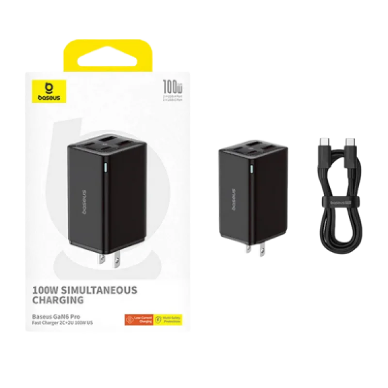 Baseus GaN 6 Pro – Cargador de pared 4 puertos + Cable USB C a USB C 1 m 100 W