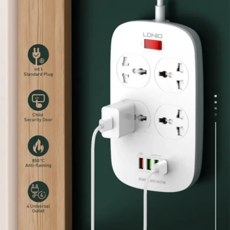 Supresor de Picos LDNIO SC4407 con 4 Tomacorrientes y 4 Puertos USB (Incluye QC 3.0) | Protección y Carga Rápida