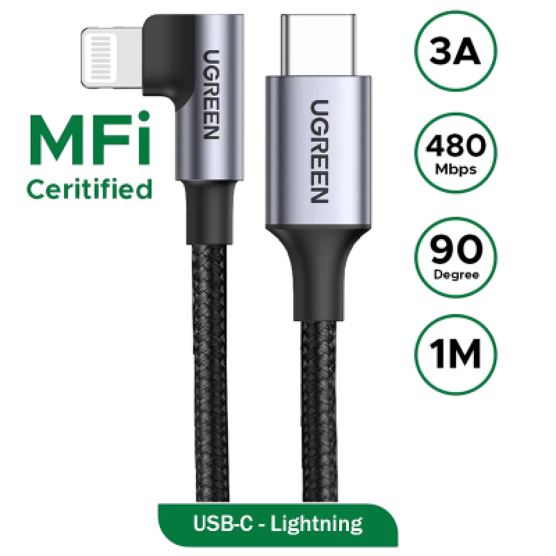 Cable UGREEN USB C a Lightning 90 Grados Trenzado MFi 1m 3A PD