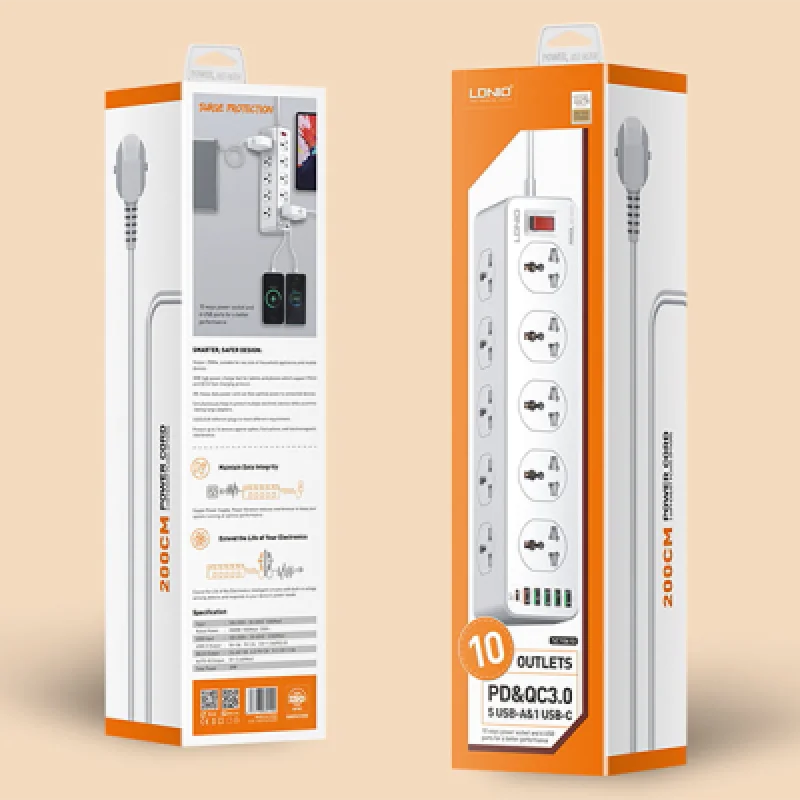 Supresor de Picos LDNIO SC10610 con 10 Tomacorrientes 4 Puertos USB | Carga Rápida QC 3.0 y PD 3.0