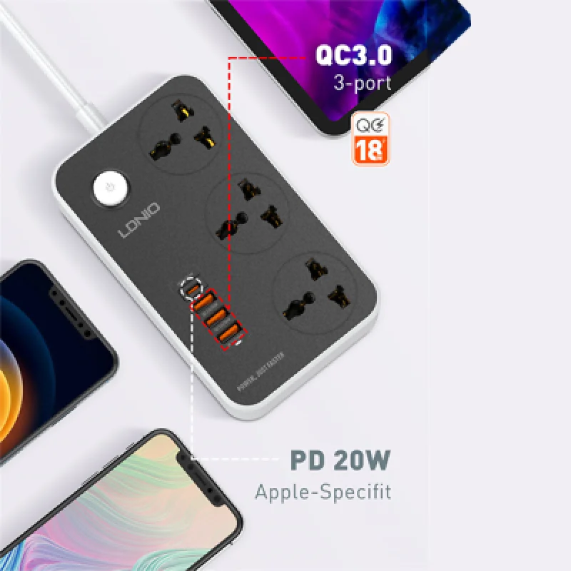 Supresor de Picos LDNIO SC3412 con 3 Tomacorrientes y 4 puertos usb | Protección y Carga Rápida