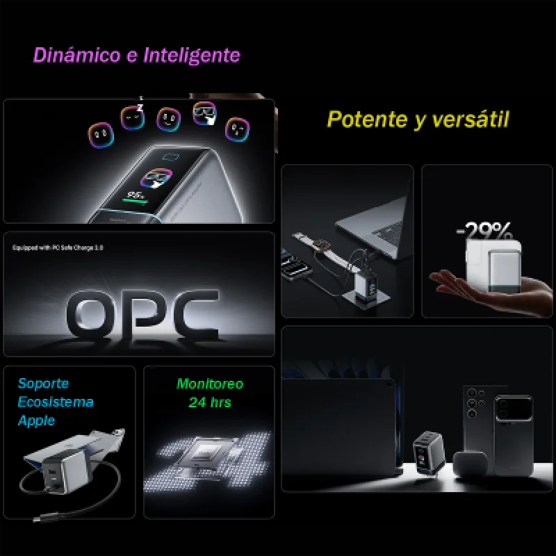 Cargador CUKTECH 100W GaN Ultra 3 Puertos Pantalla Inteligente y Cable