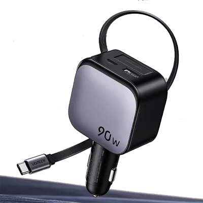 Cargador de coche UGREEN EC603 90W con cable retráctil | Carga Laptop y Teléfonos