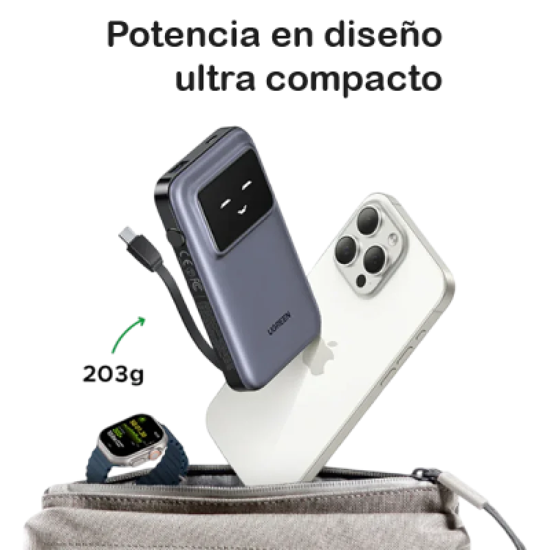 Cargador Portátil Ugreen 10000mAh 30W con Cable USB C🔋 Pantalla TFT ⚡Compacto y Rápido para iPhone y Android