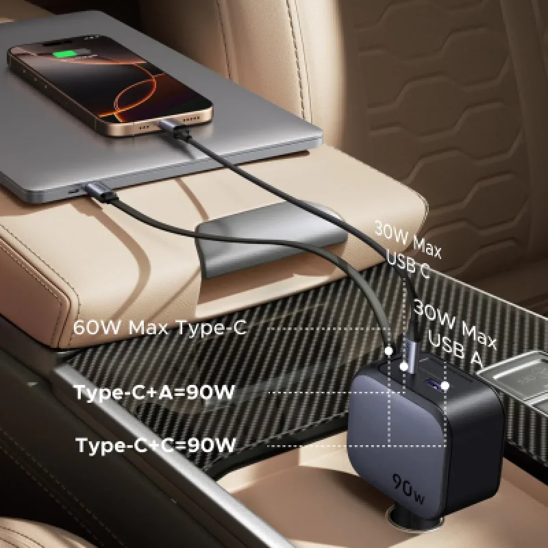 Cargador de coche UGREEN EC603 90W con cable retráctil | Carga Rápida
