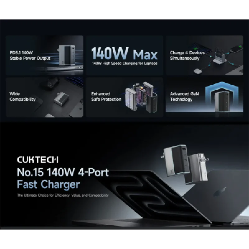 ⚡ Cargador CUKTECH 140W GaN USB-C 4 Puertos | Rápido y Seguro