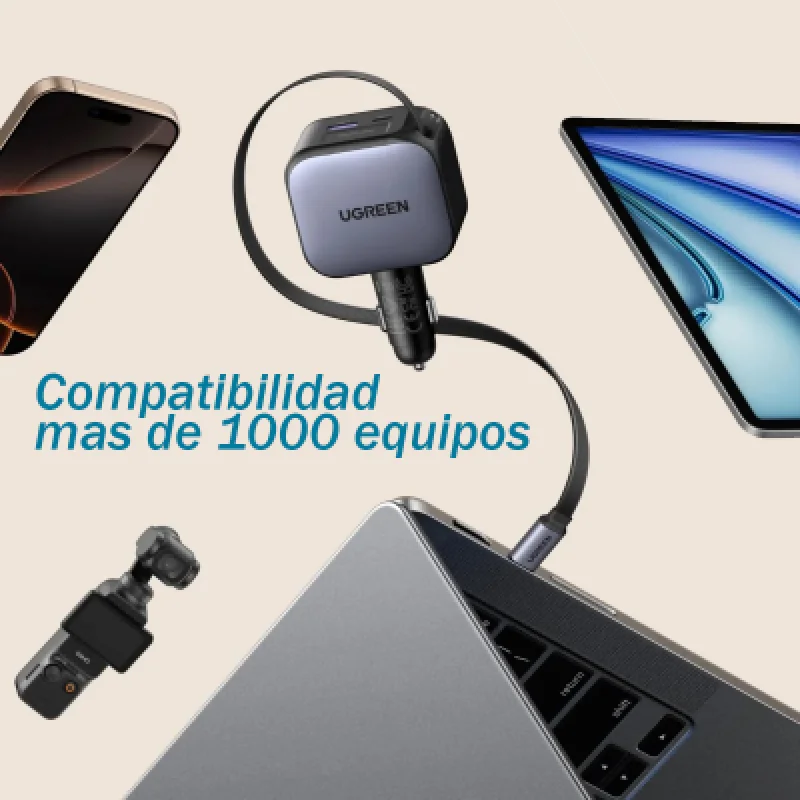 Cargador de Auto UGREEN 145W 4 Puertos USB-C | Cable Retractil