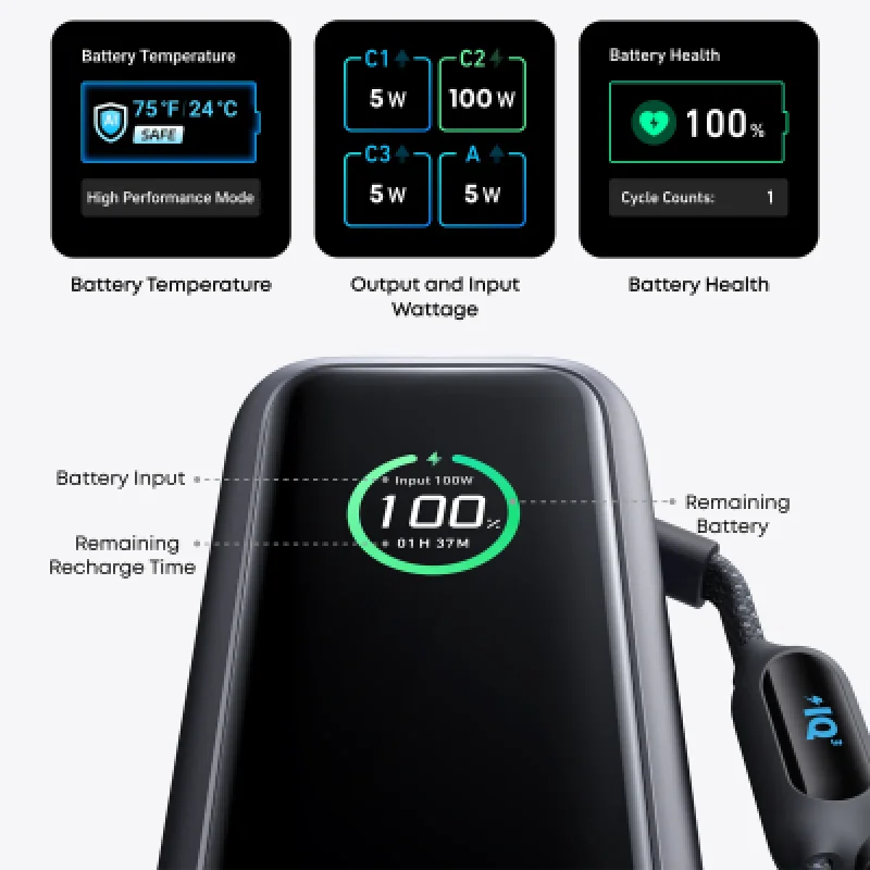 Power Bank Anker 25000mAh 165W Carga Rápida Cable USB-C Integrado