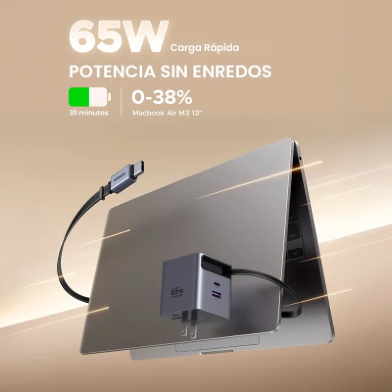 Cargador Pared UGREEN Nexode Pro 65W GaN Cable Retráctil 3 Puertos⚡