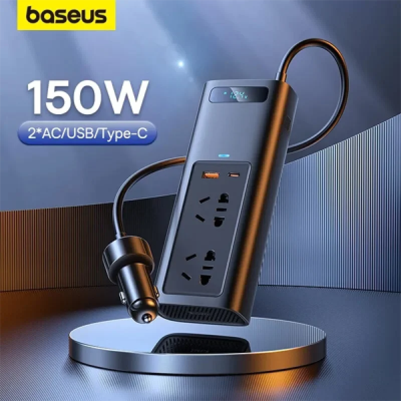 Inversor de Corriente para Coche Baseus 150W con Salidas Tipo C y USB | Carga Rápida para Automóvil