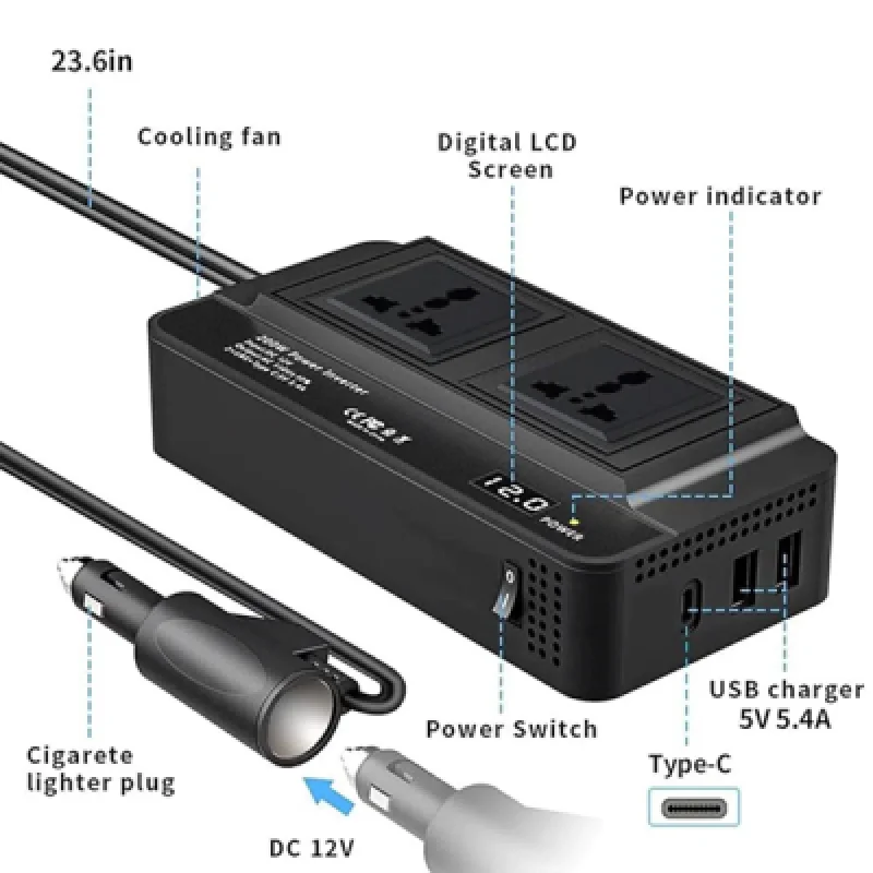 Inversor de Corriente para Coche XO CZ011 200W con Salidas Tipo C y USB | Carga tus Dispositivos en el Auto