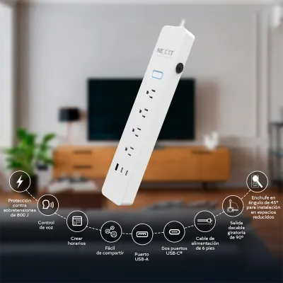 Regleta Inteligente Wi-Fi Nexxt NHP-E710 con 4 Tomas y 3 USB  ⚡