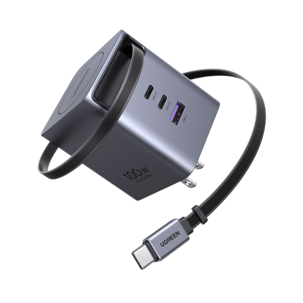 Cargador UGREEN X616 100W GaN con cable retráctil y 3 puertos (2×USB-C + 1×USB-A)