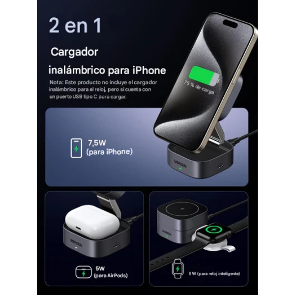 UGREEN W702 35316 – Cargador Inalámbrico Magnético 2 en 1 15W