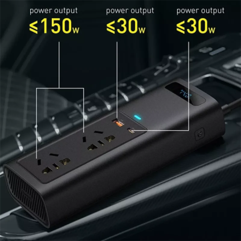 Inversor de Corriente para Coche Baseus 150W con Salidas Tipo C y USB | Carga Rápida para Automóvil
