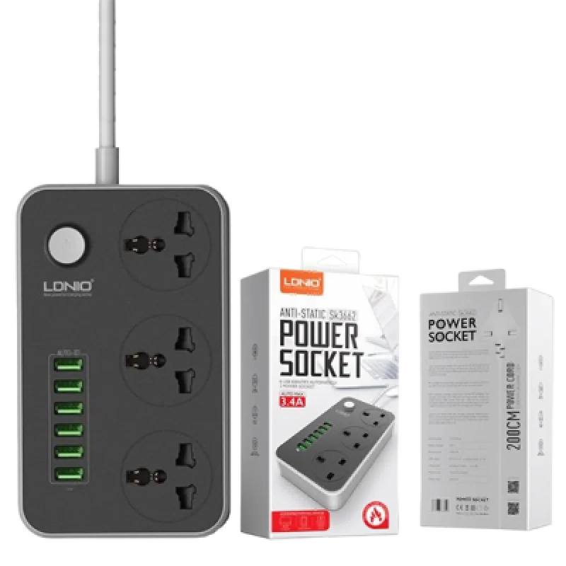 Tomacorriente Múltiple Inteligente con Supresor de Picos LDNIO SK3662 con 3 tomas y 6 Puertos USB