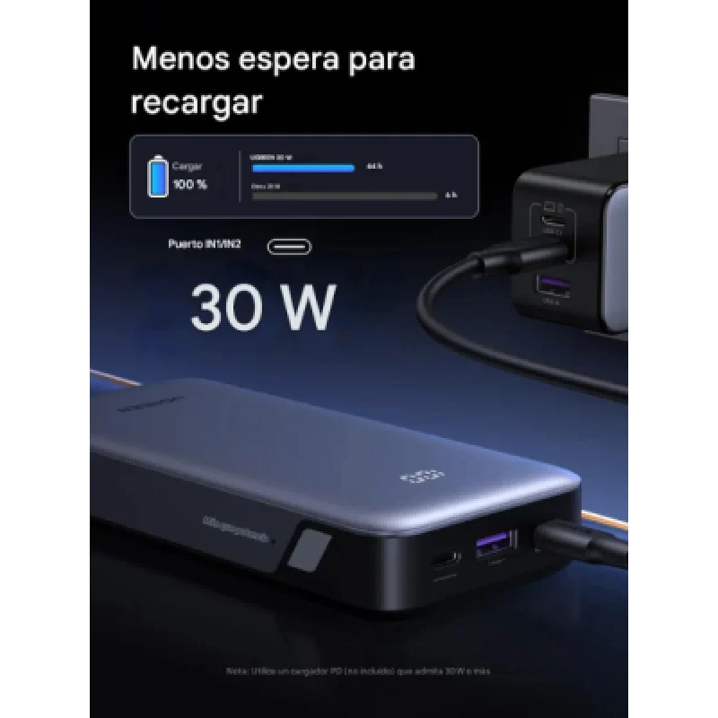 Power Bank UGREEN 20000 mAh 30W con Pantalla LED y Carga Rápida