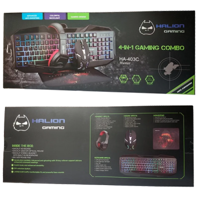 Combo Gamer Halion 4 en 1 HA 403C | Teclado Mecánico Mouse Audífono y Mousepad para PC