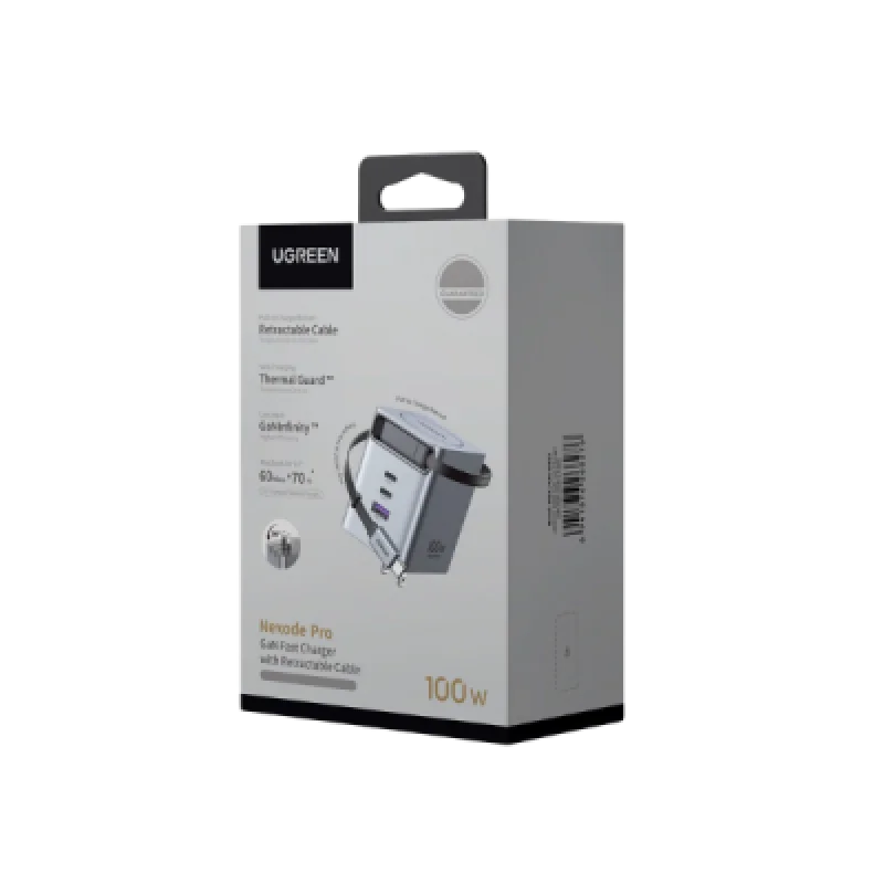 Cargador UGREEN X616 100W GaN con cable retráctil y 3 puertos (2×USB C + 1×USB A)