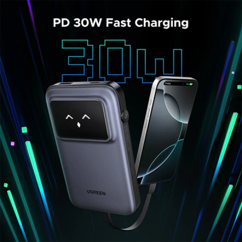 Cargador Portátil Ugreen 10000mAh 30W con Cable USB C🔋 Pantalla TFT ⚡Compacto y Rápido para iPhone y Android