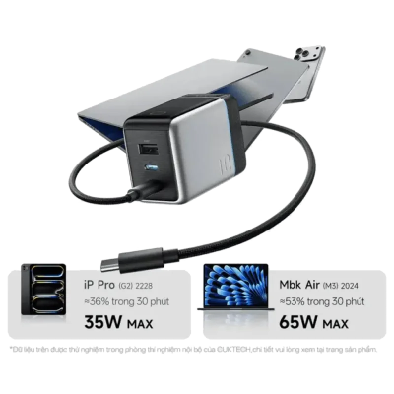 Cargador CUKTECH 100W GaN Ultra 3 Puertos Pantalla Inteligente y Cable