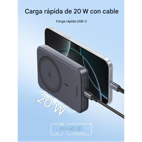 Power Bank UGREEN Magnetic Qi2 10 000 mAh – 15 W inalámbrico + 20 W cable USB-C