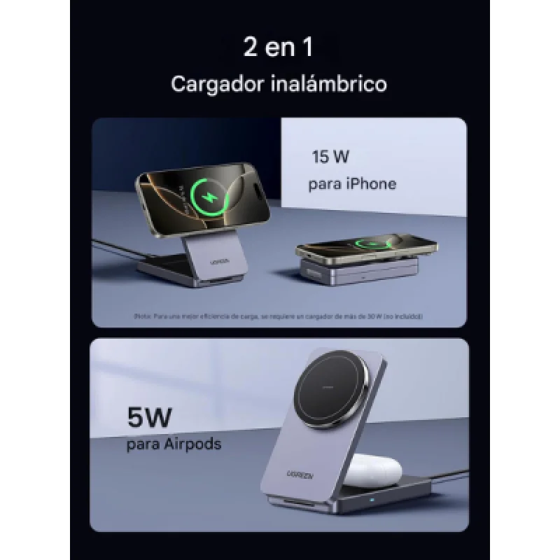 UGREEN W706 45023 – Cargador Inalámbrico Magnético 2 en 1 15W