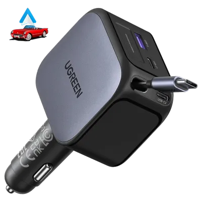 Cargador de Auto UGREEN 145W USB-C 4 Puertos con Cable Retráctil | Carga Rápida