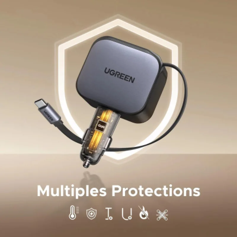 Cargador de Auto UGREEN 145W 4 Puertos USB-C | Cable Retractil
