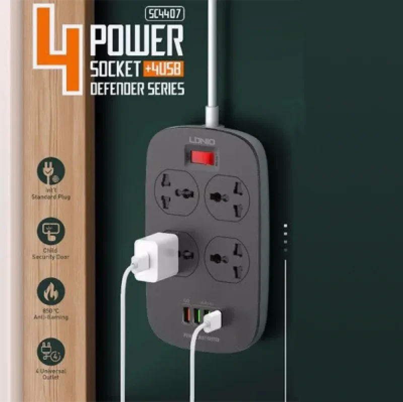 Supresor de Picos LDNIO SC4407 con 4 Tomacorrientes y 4 Puertos USB (Incluye QC 3.0) | Protección y Carga Rápida