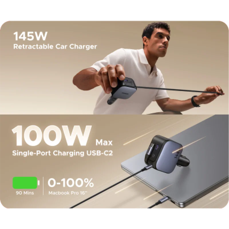 Cargador de Auto UGREEN 145W 4 Puertos USB-C | Cable Retractil