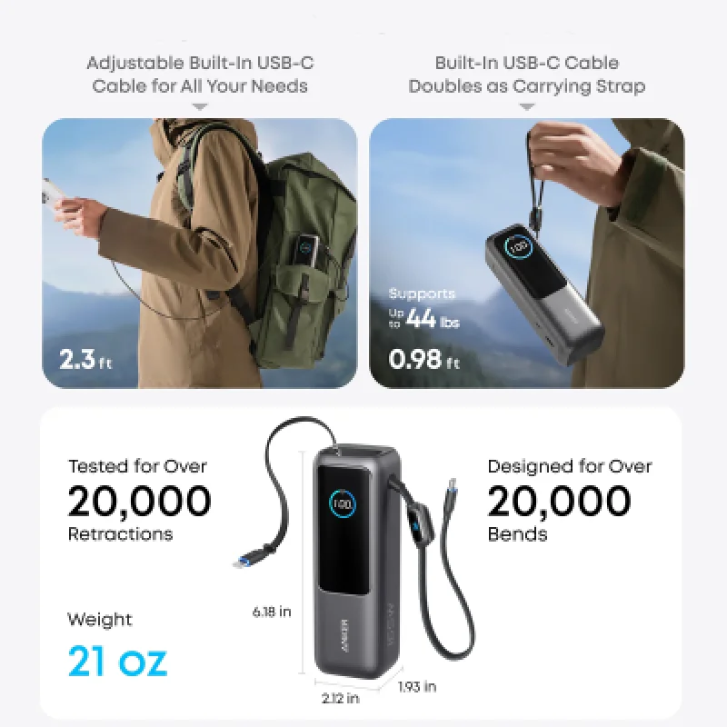 Power Bank Anker 25000mAh 165W Carga Rápida Cable USB-C Integrado
