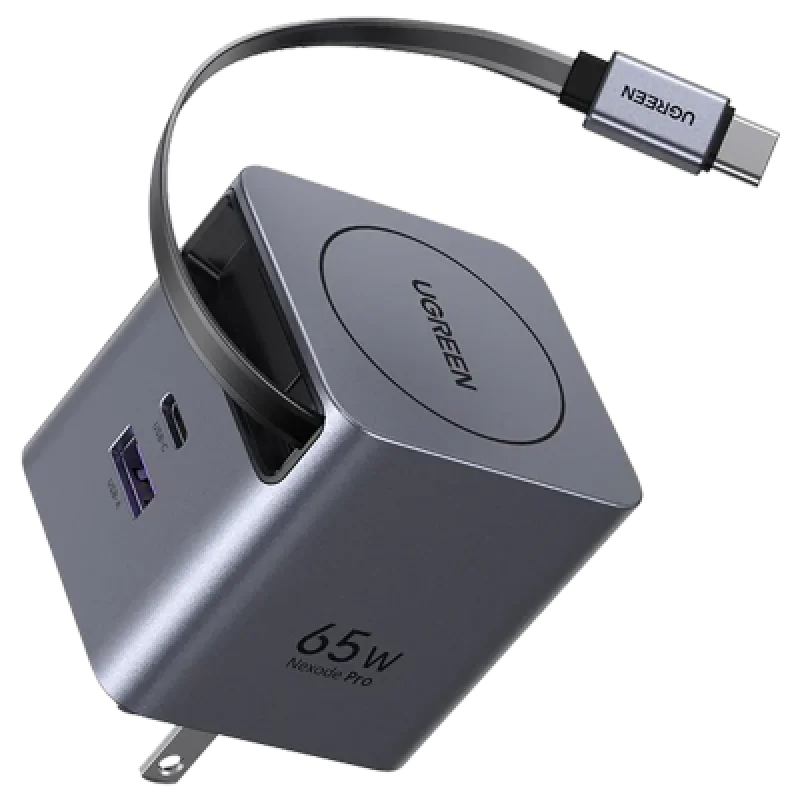 Cargador Pared UGREEN Nexode Pro 65W GaN Cable Retráctil 3 Puertos⚡