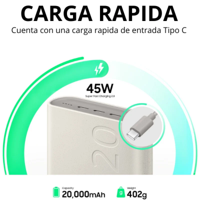 Samsung Power Bank 20000mAh P4520 con Carga Rápida USB C y USB A