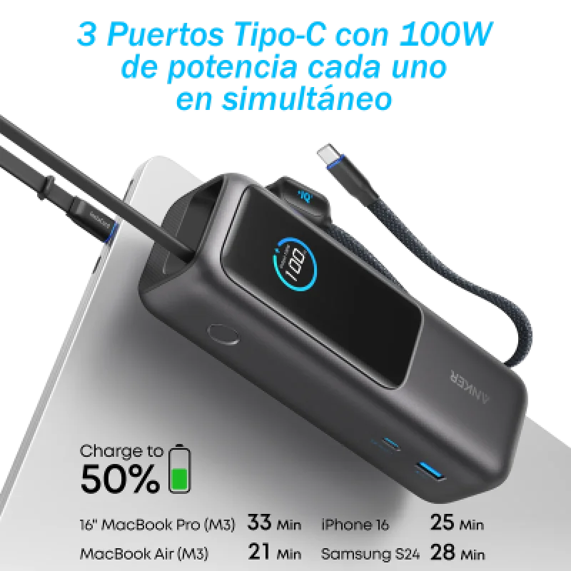 Power Bank Anker 25000mAh 165W Carga Rápida Cable USB-C Integrado