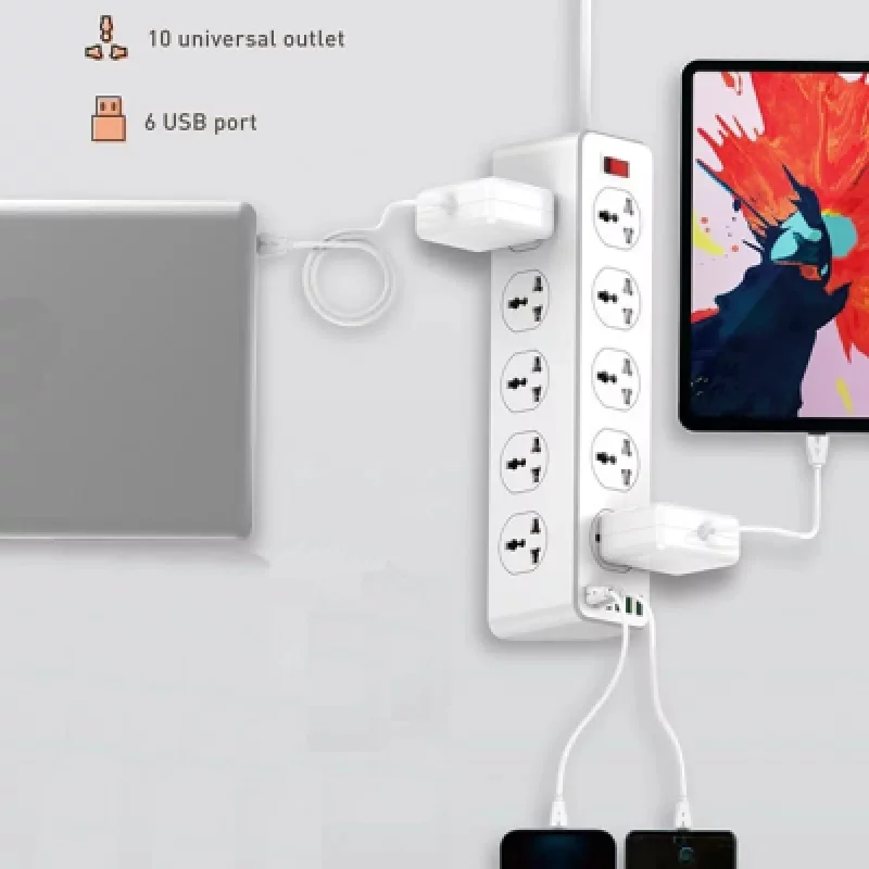Supresor de Picos LDNIO SC10610 con 10 Tomacorrientes 4 Puertos USB | Carga Rápida QC 3.0 y PD 3.0