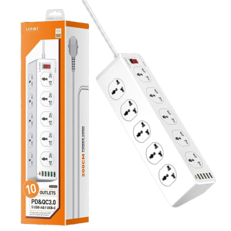 Supresor de Picos LDNIO SC10610 con 10 Tomacorrientes 4 Puertos USB | Carga Rápida QC 3.0 y PD 3.0