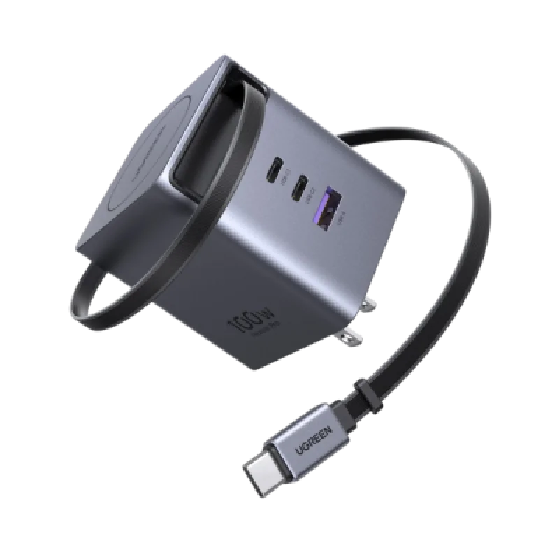 Cargador UGREEN X616 100W GaN con cable retráctil y 3 puertos (2×USB C + 1×USB A)
