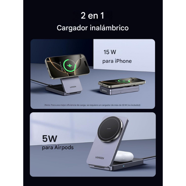 UGREEN W706 45023 – Cargador Inalámbrico Magnético 2 en 1 15W