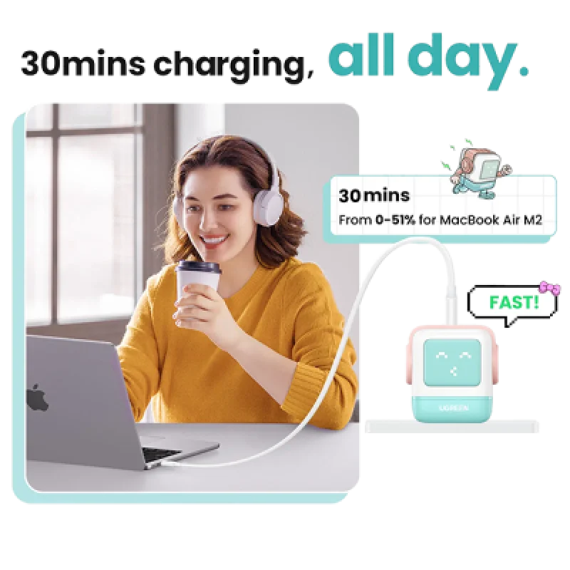 Cargador Rápido Ugreen UNO 65W GaN 3 Puertos✨ideal para iPhone MacBook y otros✔