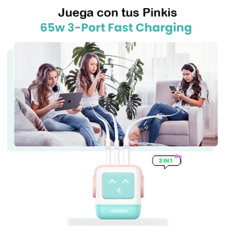 Cargador Rápido Ugreen UNO 65W GaN 3 Puertos✨ideal para iPhone MacBook y otros✔