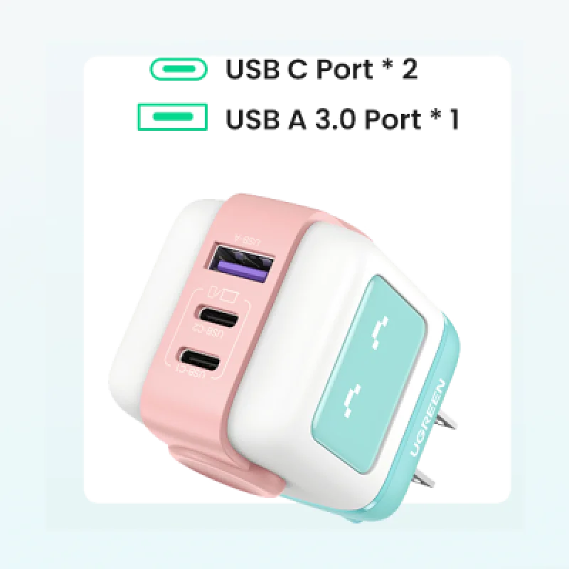 Cargador Rápido Ugreen UNO 65W GaN 3 Puertos✨ideal para iPhone MacBook y otros✔